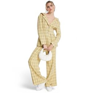 Topshop Yellow Plaid Off Shoulder & Pleat Detail Trousers.
